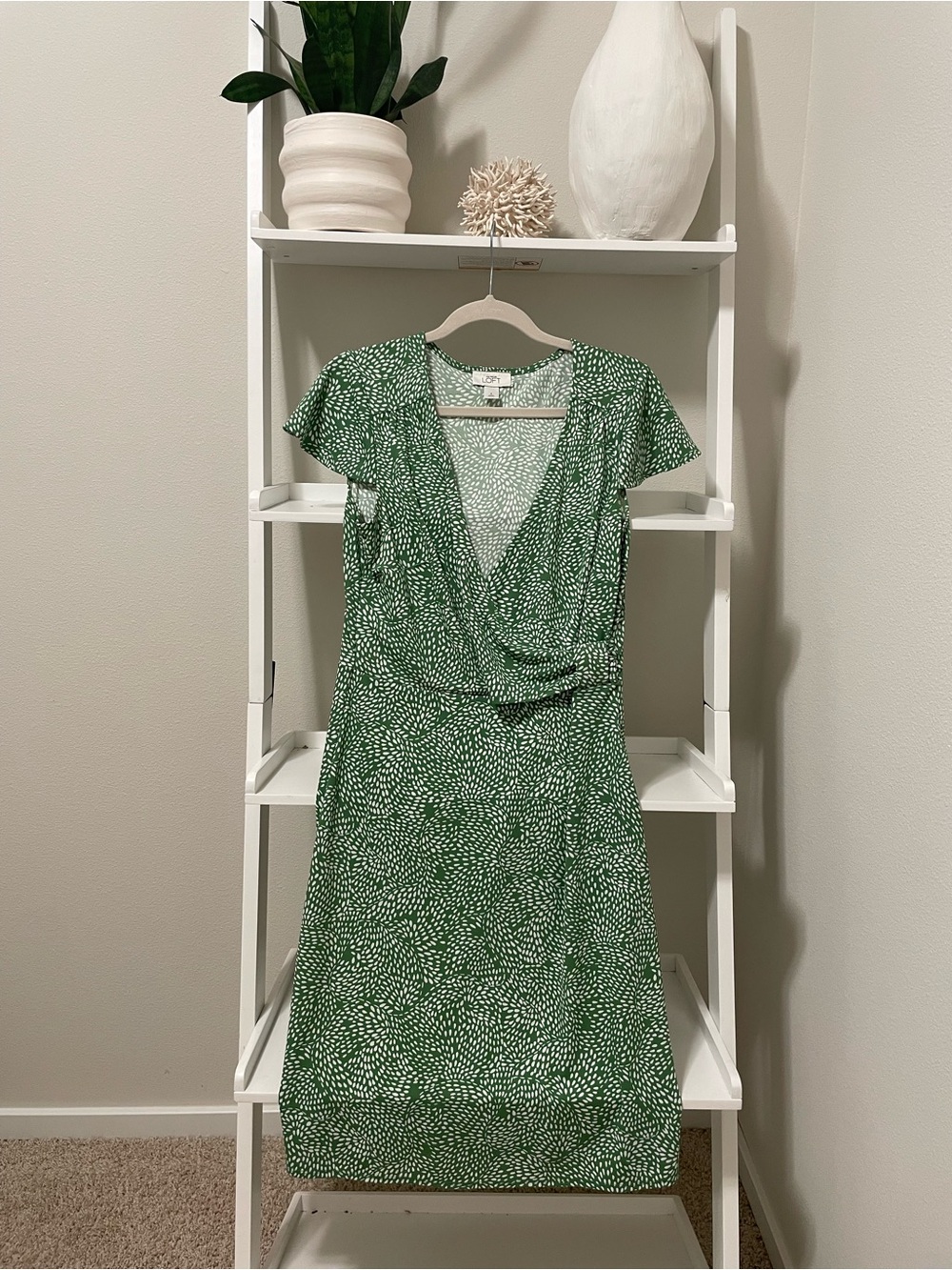 LOFT Green and White Printed Wrap-Style Midi Dress
